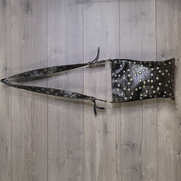 Bridget Shuster Brown Leather Brass Studded Crystal Crossbody Shoulder Bag Purse - Picture 3 of 13